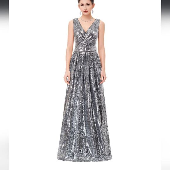 Kate Kasin Silver Black Sequin Bridesmaid Sleeveless Maxi Evening Prom Dress 2 - Picture 3 of 15